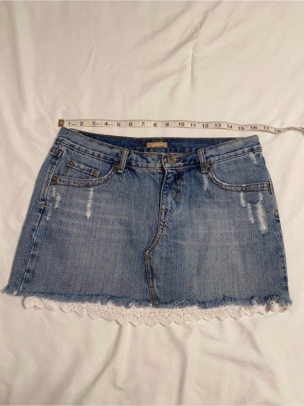 2000s Forever 21 Blue Denim Mini Skirt with White Lace Hem